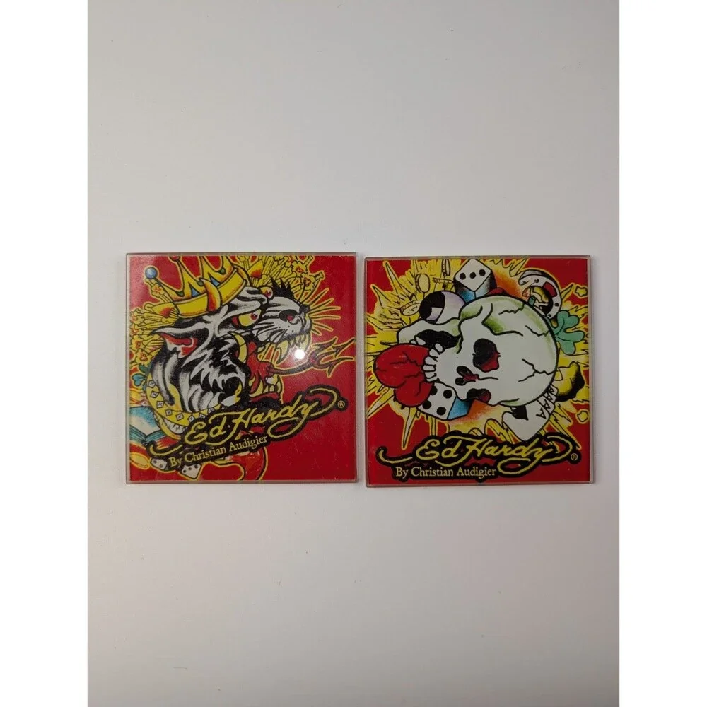 Ed Hardy Christian Audigier Glass Art Tiles Coasters Skull Dog Decor Set of 2